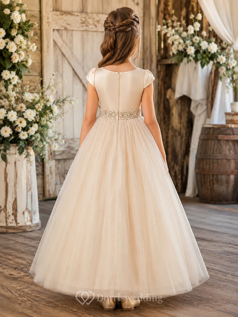 Satin Bodice Tulle A-Line Flower Girl Dress with Jewel Neck, Tea-Length Skirt and Sash Detail view 2