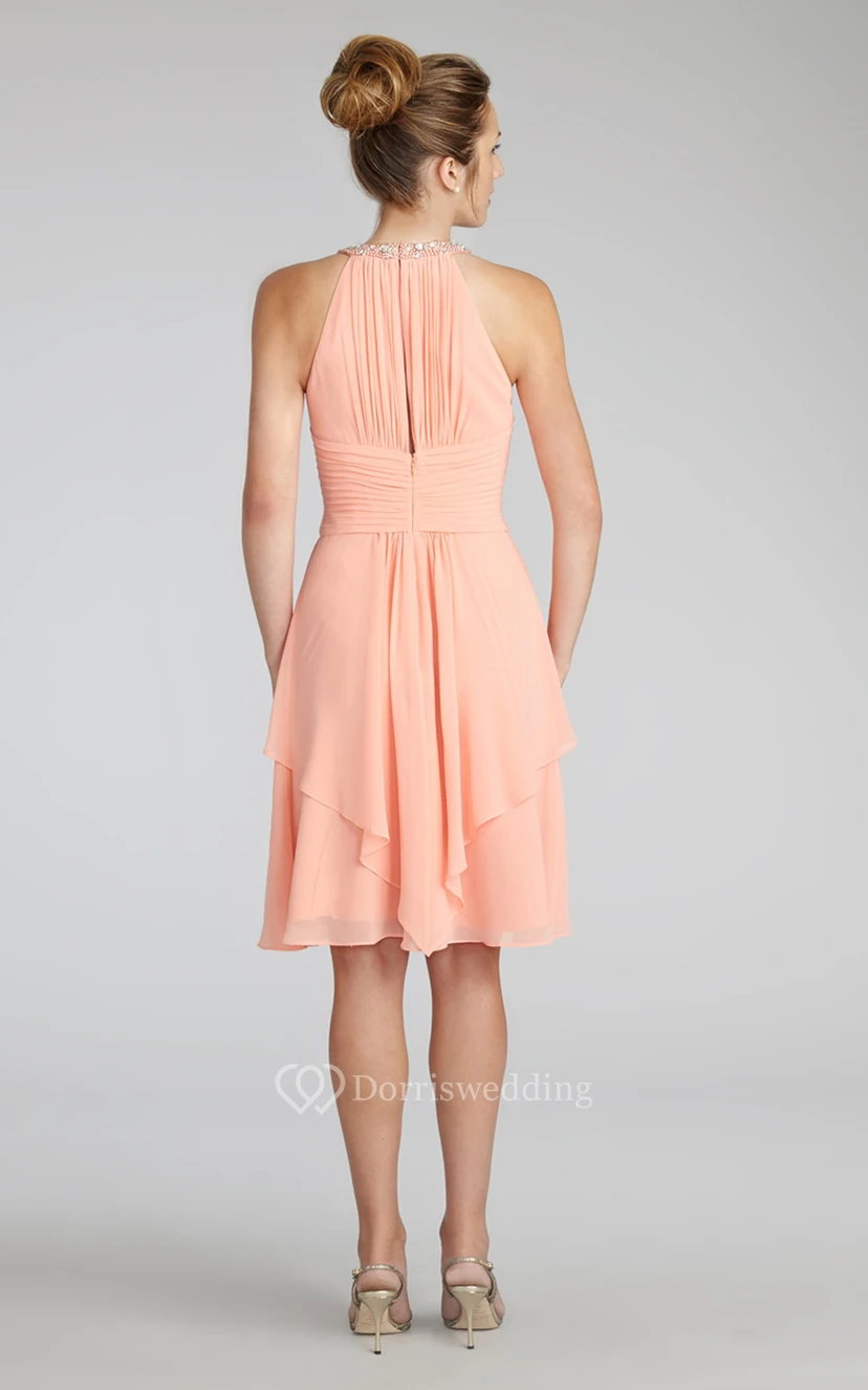 Short Chiffon Dress With Beaded Jewel Neck view 3