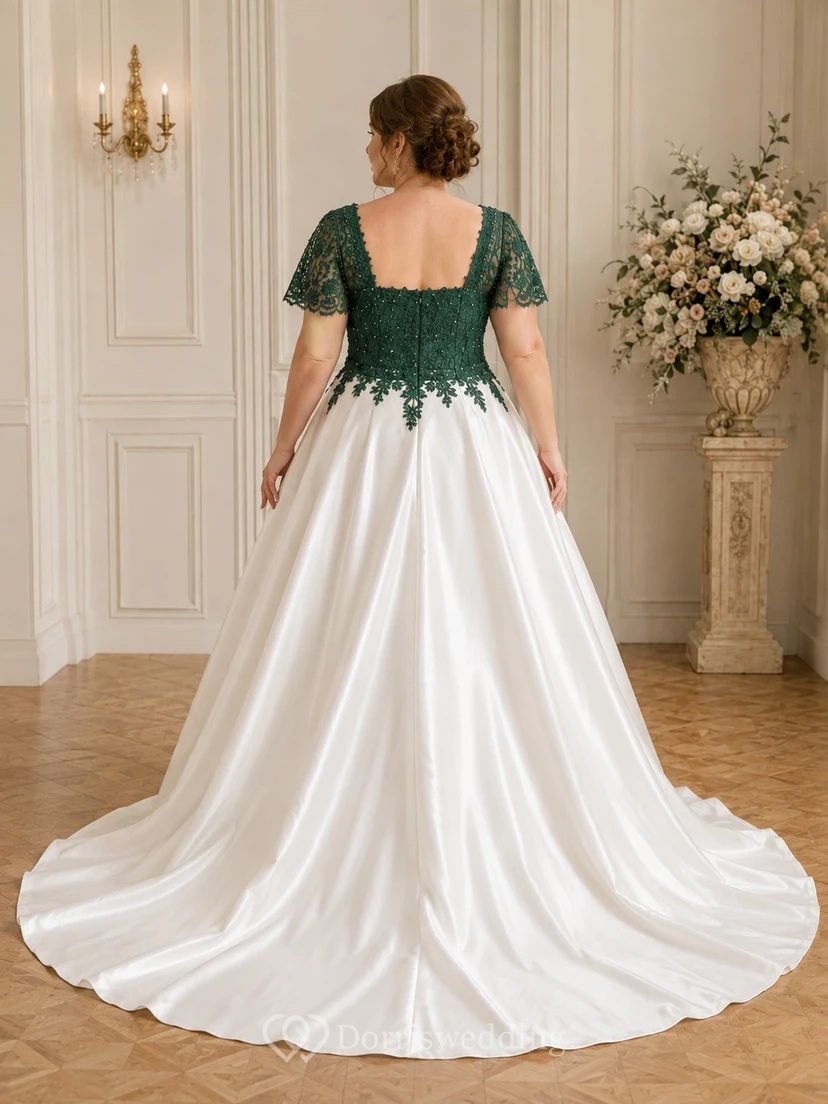 Emerald Lace Plus Size Bridal Ball Gown Square Short Sleeve Sweep Train Romantic Gown view 2
