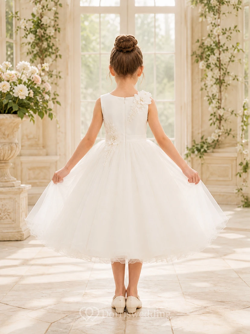 Bow Back Tulle A-Line Flower Girl Dress with Jewel Neck and Tea-Length Skirt view 2