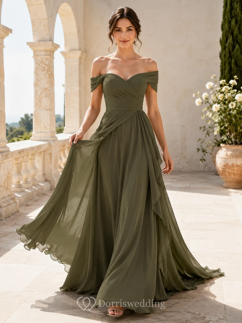 Olive Green Romantic Off Shoulder Chiffon A-Line Court Train Wedding Gown