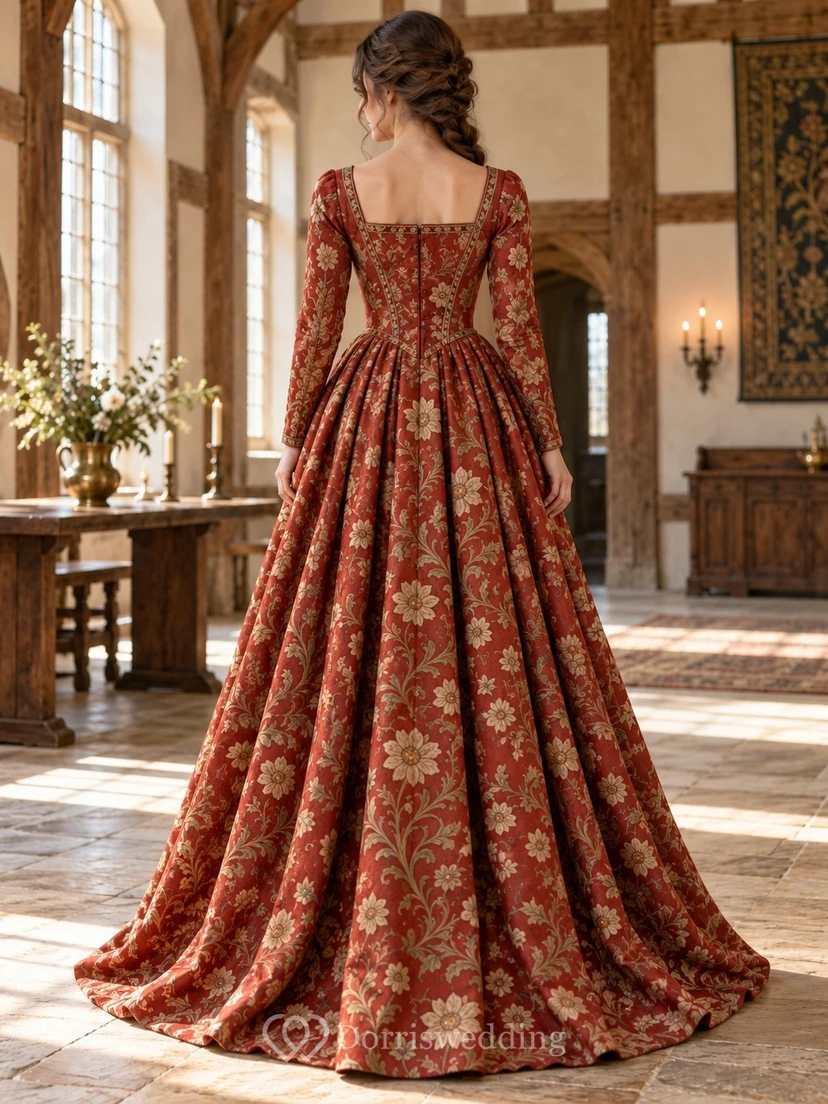 Robe de cérémonie médiévale vintage à col carré, manches longues et fleurs rouges et dorées. view 2
