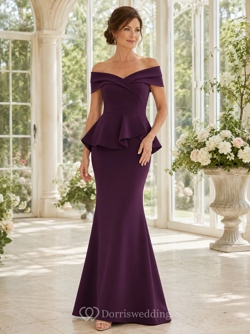 Plum Floor-Length Mermaid Luxury Mother of the Bride Evening Gown with Off-Shoulder Folded Neck and Sculpted Peplum