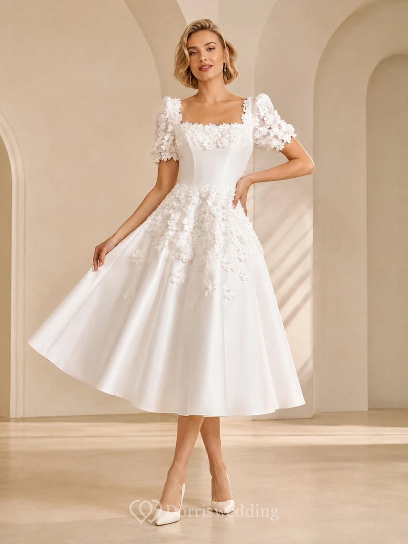 Tea-Length Square Neck Puff Sleeve Floral Applique A-Line Civil Wedding Dress