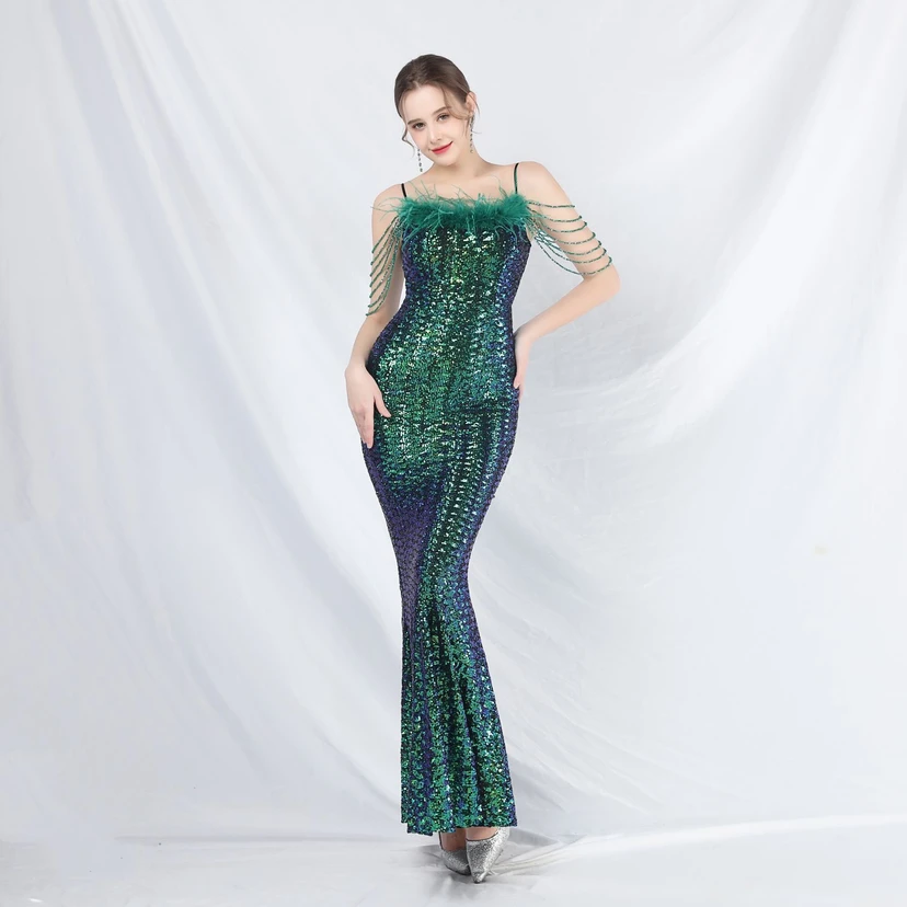 Craft Beaded Ostrich Feather Fantasy Sequined Long Evening Dress view 2