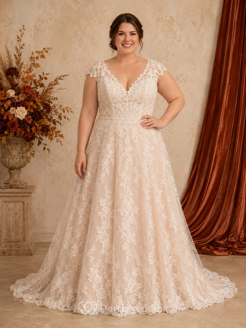 Fall Plus Size V-Neck Lace A-Line Wedding Dress