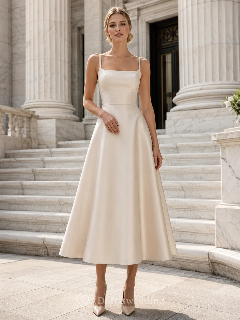 Robe de mariée midi en satin Champagne Courthouse à col carré et coupe trapèze