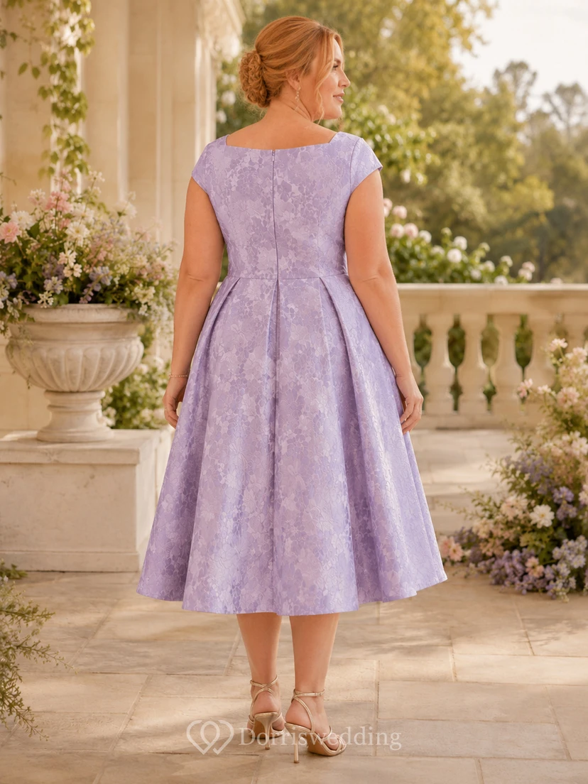 Lavender Plus Size Cap Sleeve Lace Tea Length A Line Garden Party Dress view 2