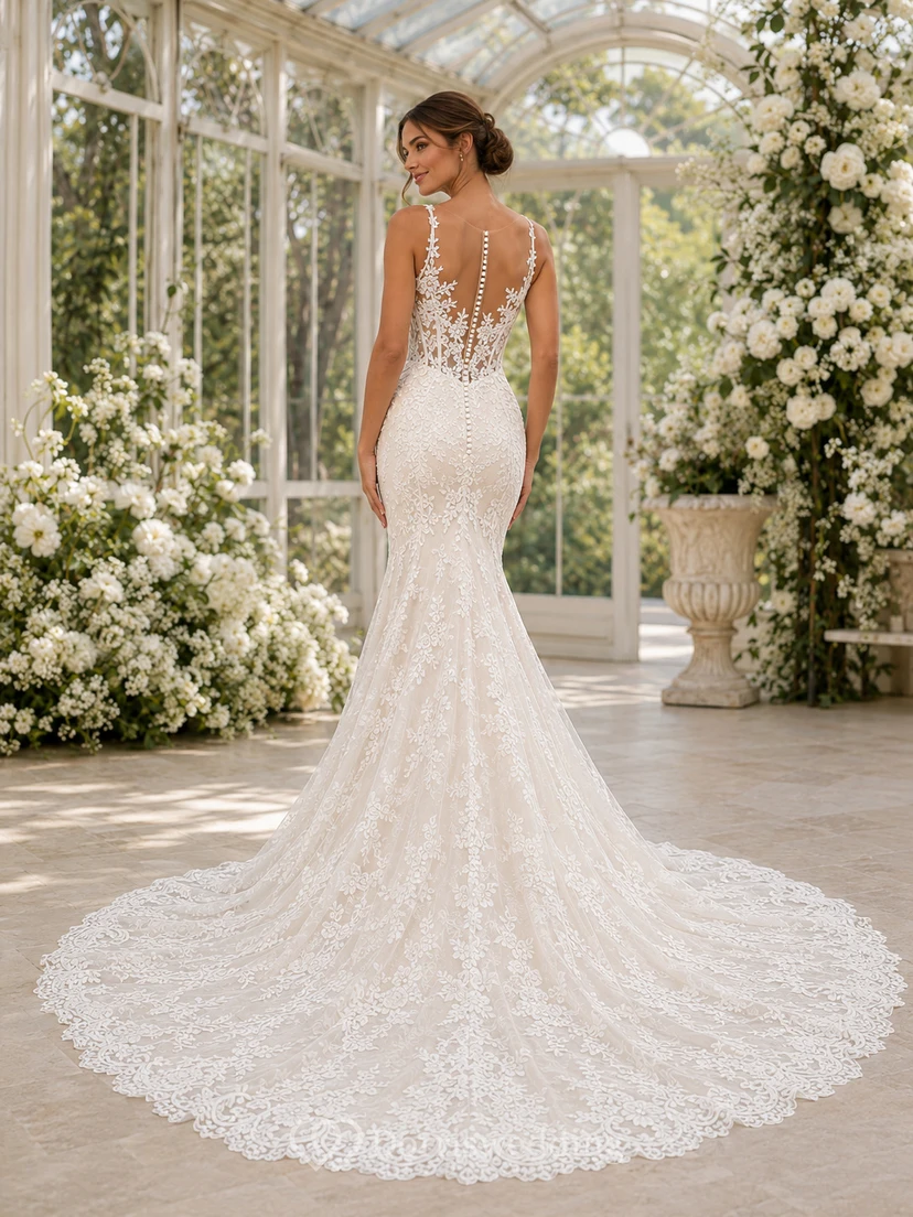Robe de mariée sirène à bretelles spaghetti, dentelle botanique et effet illusion, boutons et traîne chapelle view 2
