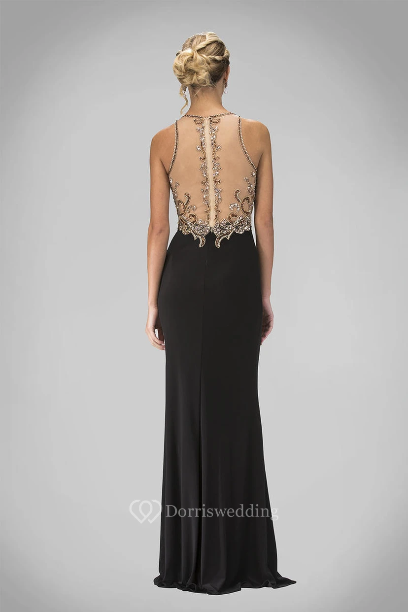 Sheath Long Scoop-Neck Sleeveless Jersey Illusion Dress With Beading view 2