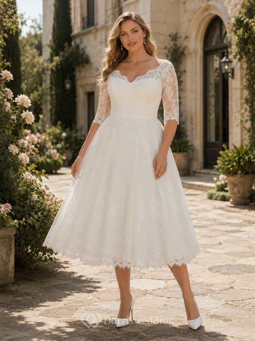 Vestido de novia de corte A con mangas de encaje y largo hasta la rodilla view 4