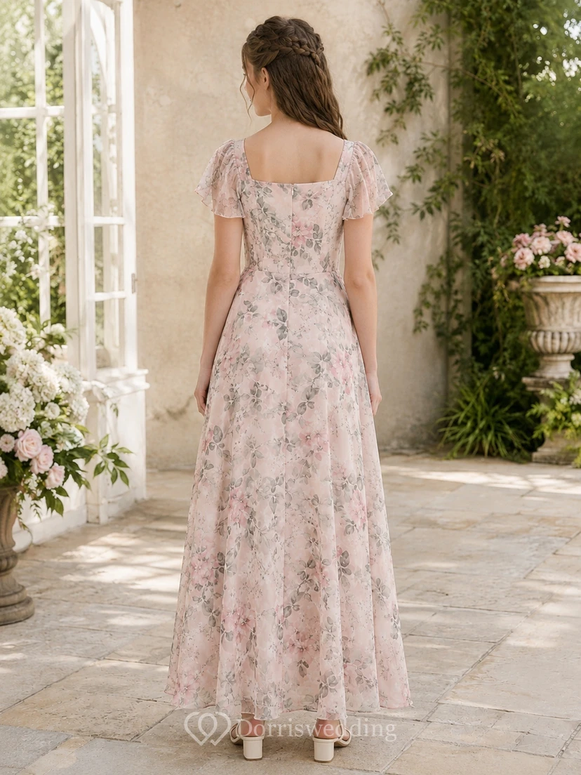 Zartrosa Brautjungfernkleid im A-Linien-Schnitt mit eckigen, kurzen Ärmeln und floralem Blütenmuster im Boho-Stil view 2
