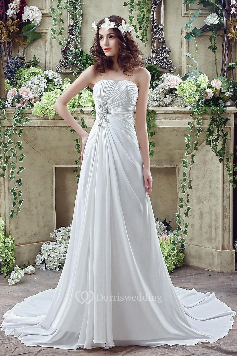 Newest Strapless White Beadings Modest Wedding Dress A-line Sweep Train