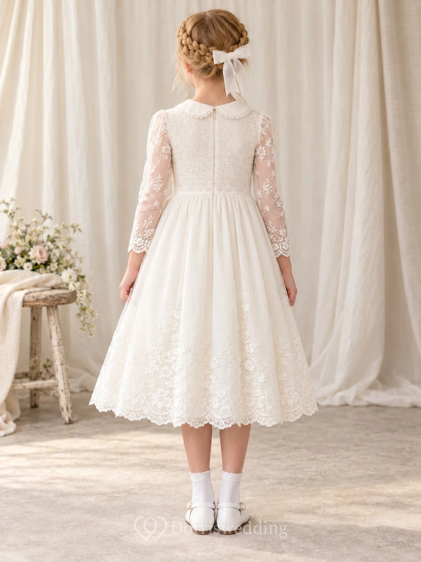 Tea-length Ivory Rounded Collar Smocked Lace Sleeve Communion Dress view 2