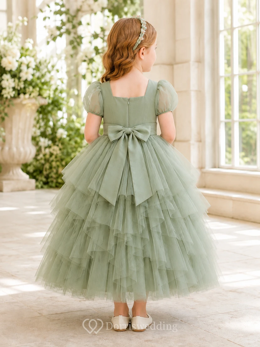 Blumenmädchenkleid aus salbeifarbenem Tüll, A-Linie, Rundhalsausschnitt, Teelänge, Rüschenbesatz view 2