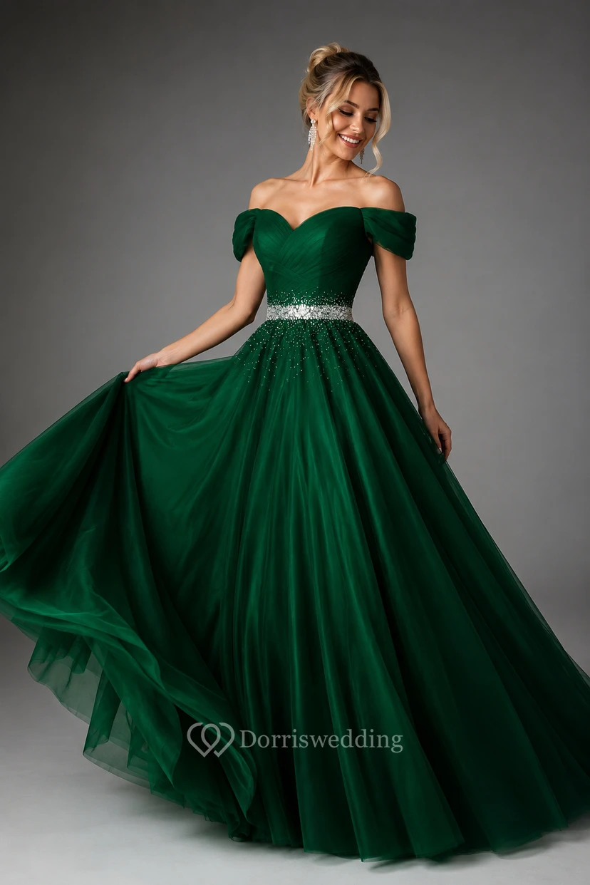 Ball Gown Maxi Off-The-Shoulder Sleeveless Bell Pleats Beading Corset Back Tulle Lace Dress view 3