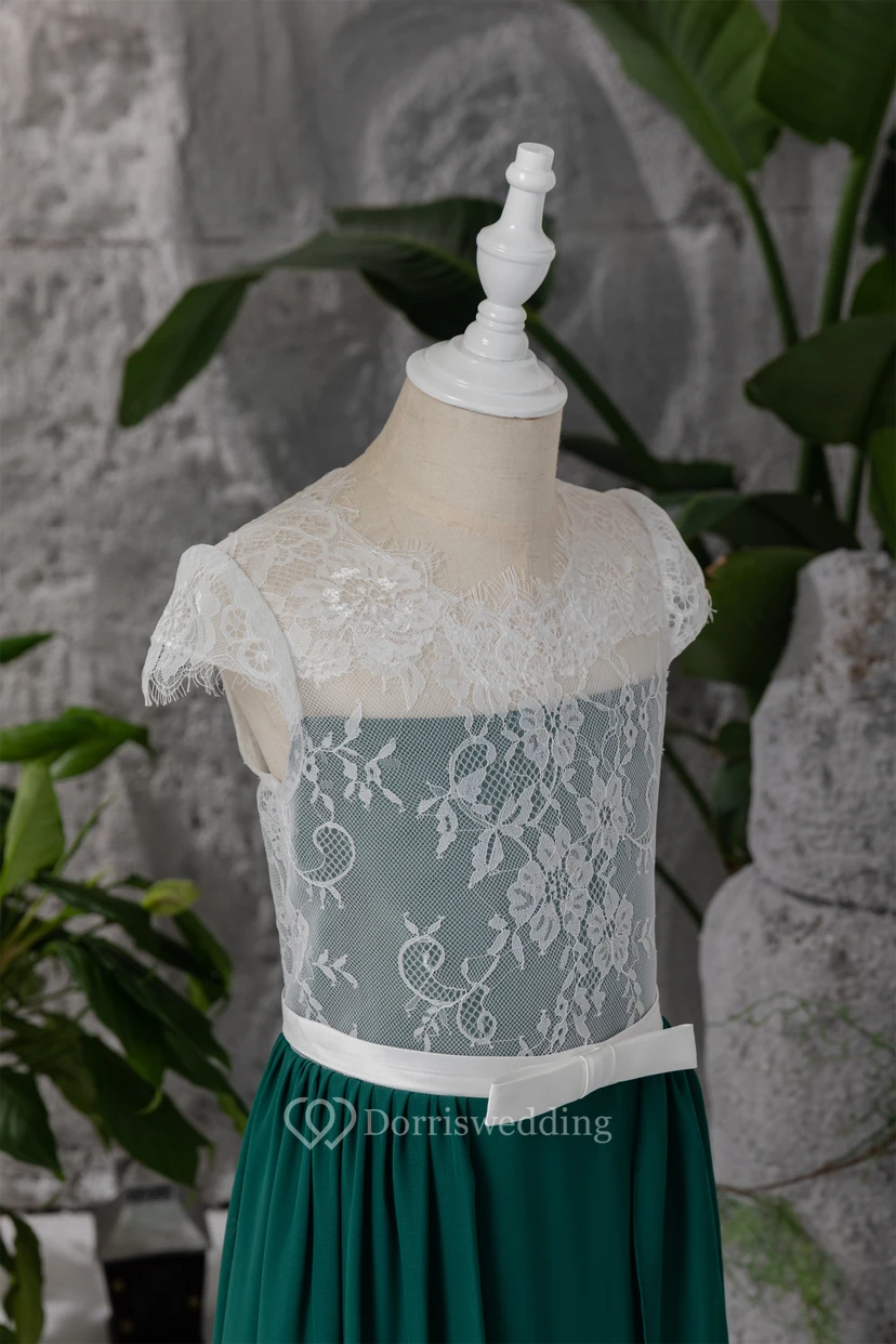 Chiffon White and Dark Green Lace Floor-length Flowergirl Dress view 7