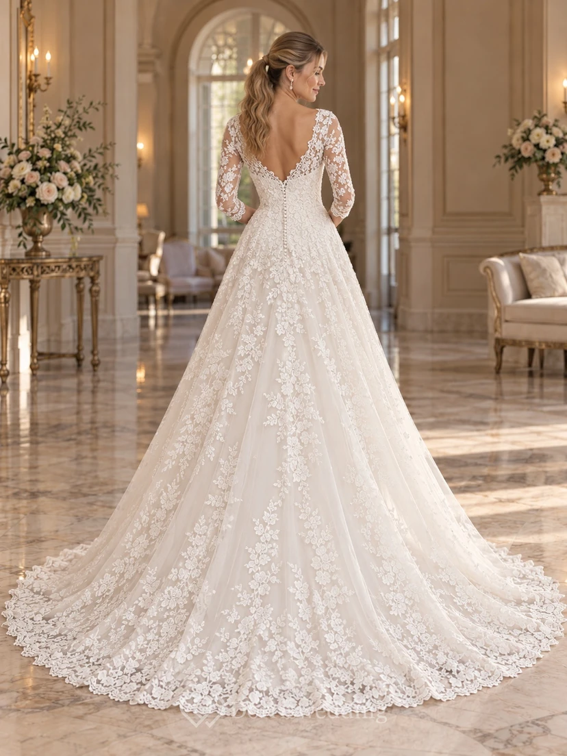 Romantic V-neck Three-Quarter Sleeve Floral Lace Ball Gown Wedding Dress view 2
