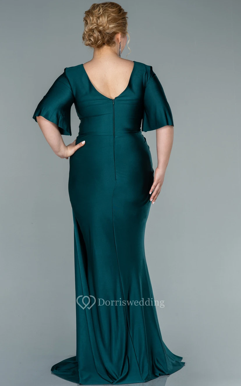 Charming V-neck Half-sleeve Sheath Mermaid Ruched Front Split Plus Size Evening Dress view 12