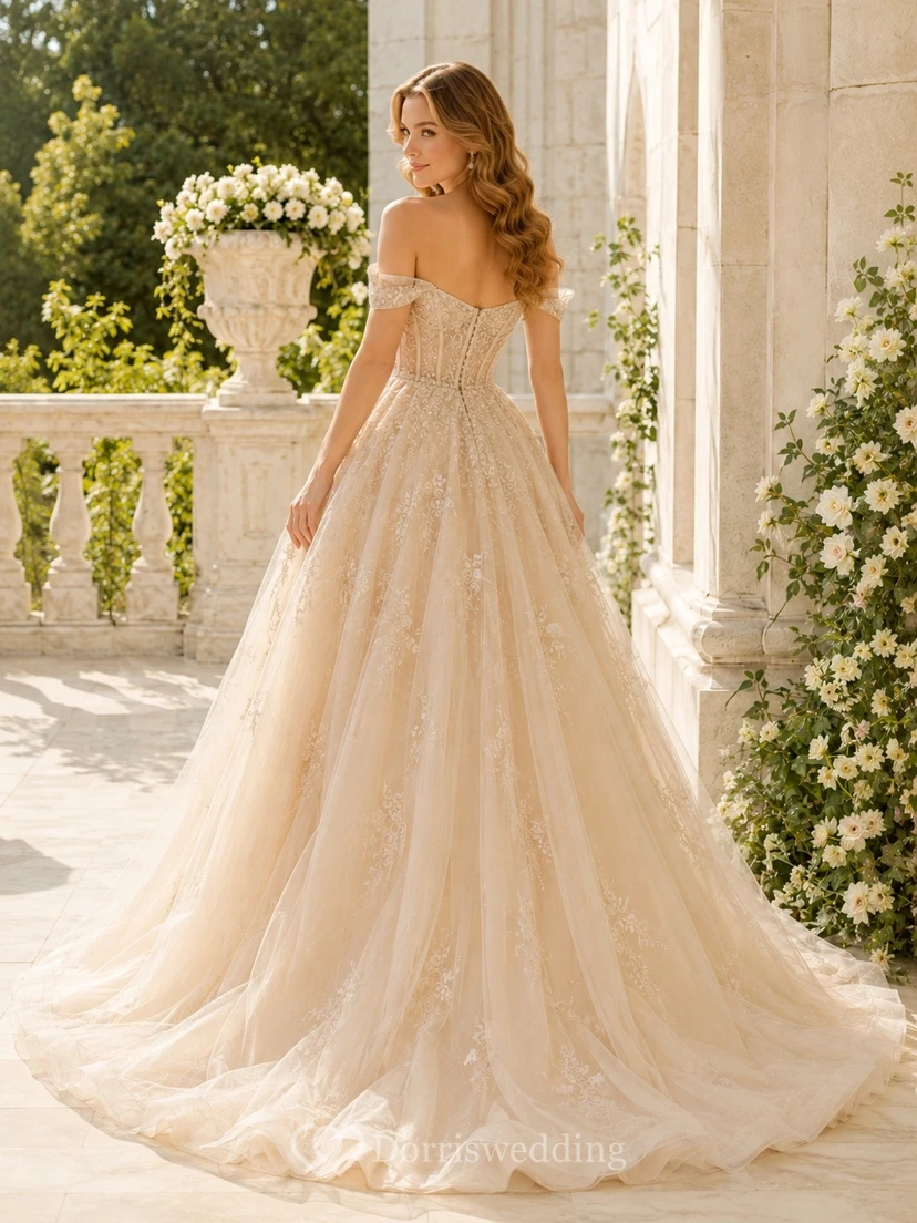 Champagne Illusion Short Sleeve Beading Tulle Ball Gown Floor-length Romantic Luxury Dress view 2