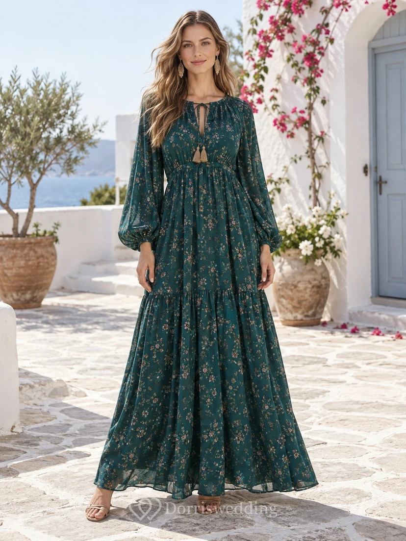 Boho Long Sleeve Peacock Floral Tassel Tie Tiered Maxi Dress