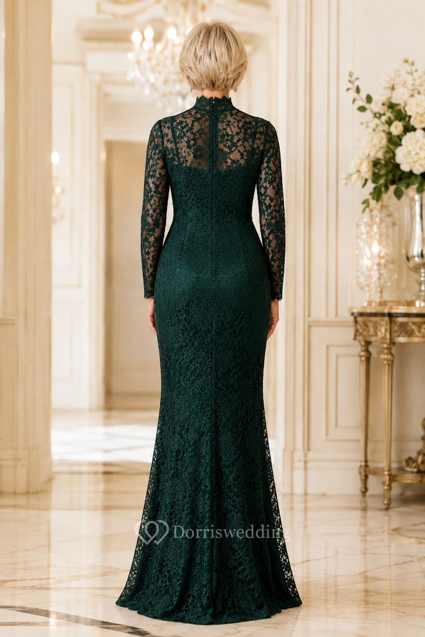 Dark Green High Neck Lace Mermaid Mother Dress with Long Sleeves view 2