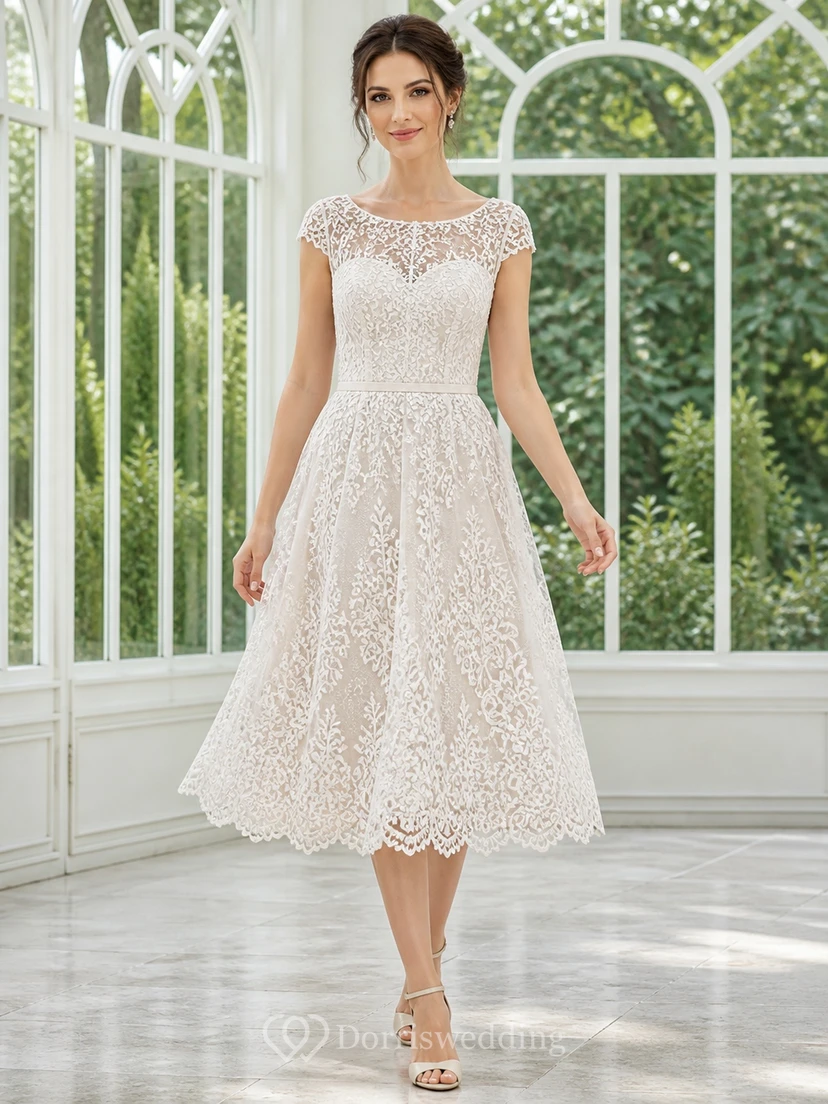 Teelanges, ziviles Brautkleid im Bateau-Stil mit Schlüssellochausschnitt, Spitze, kurzen Ärmeln und A-Linie