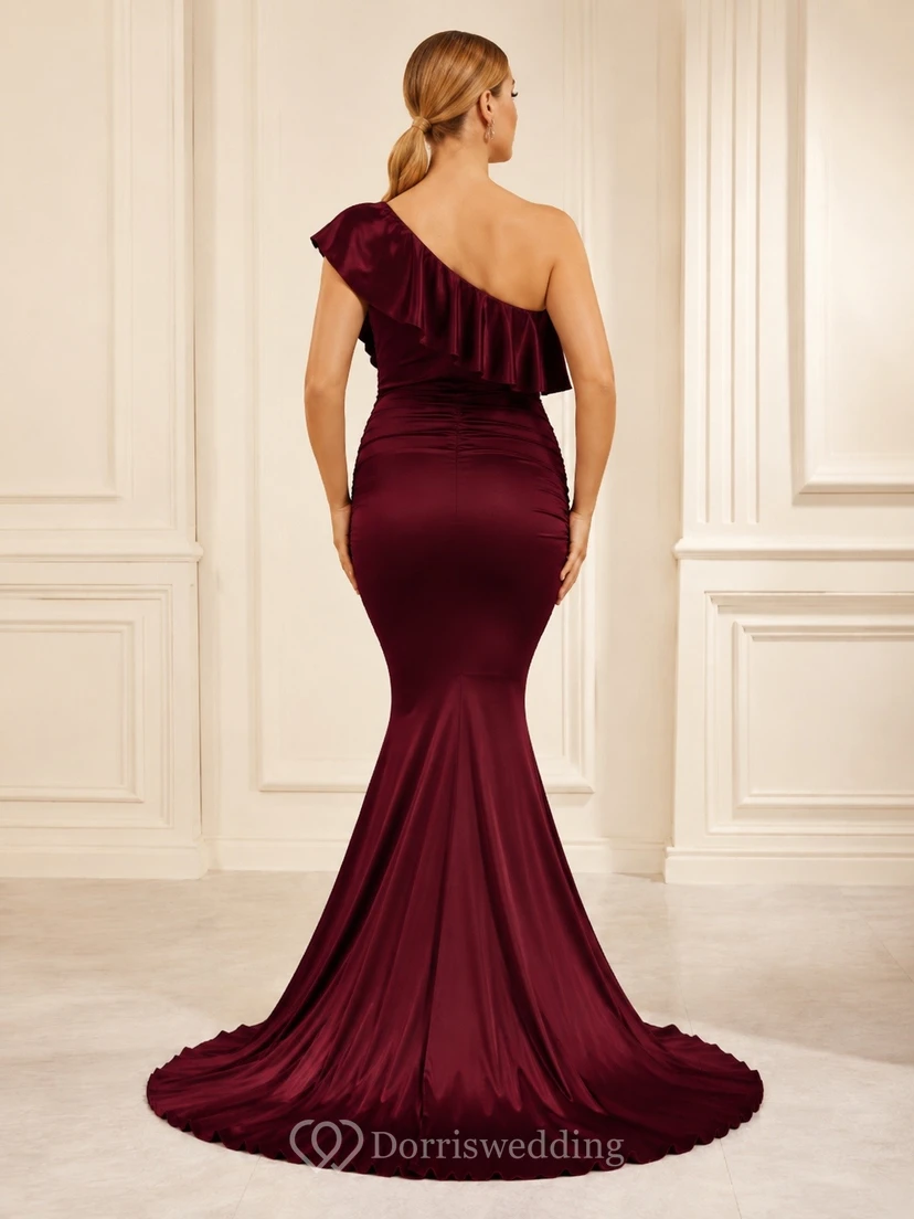 Burgundy One-Shoulder Sleeveless Velvet Empire-Waist Maternity Mermaid Gown view 2