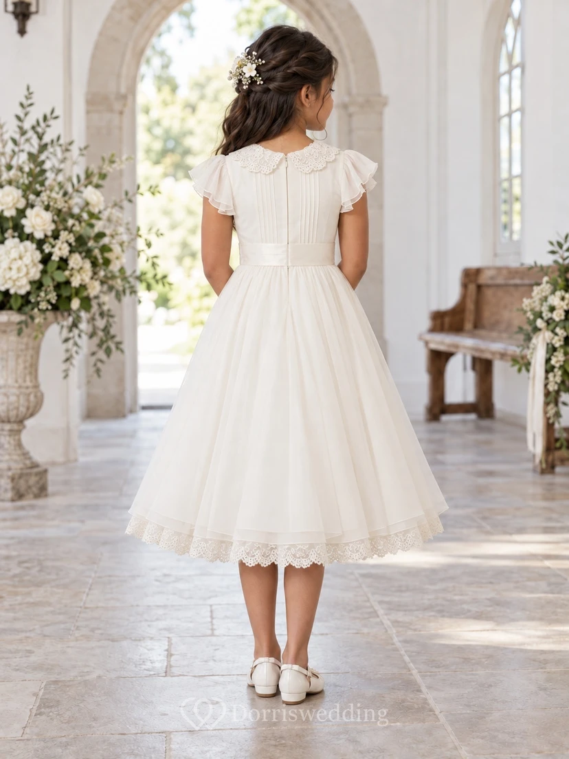 Teelanges Vintage-Kleid in Elfenbein mit A-Linien-Schnitt, Tüllkragen und Biesen für Blumenmädchen view 2