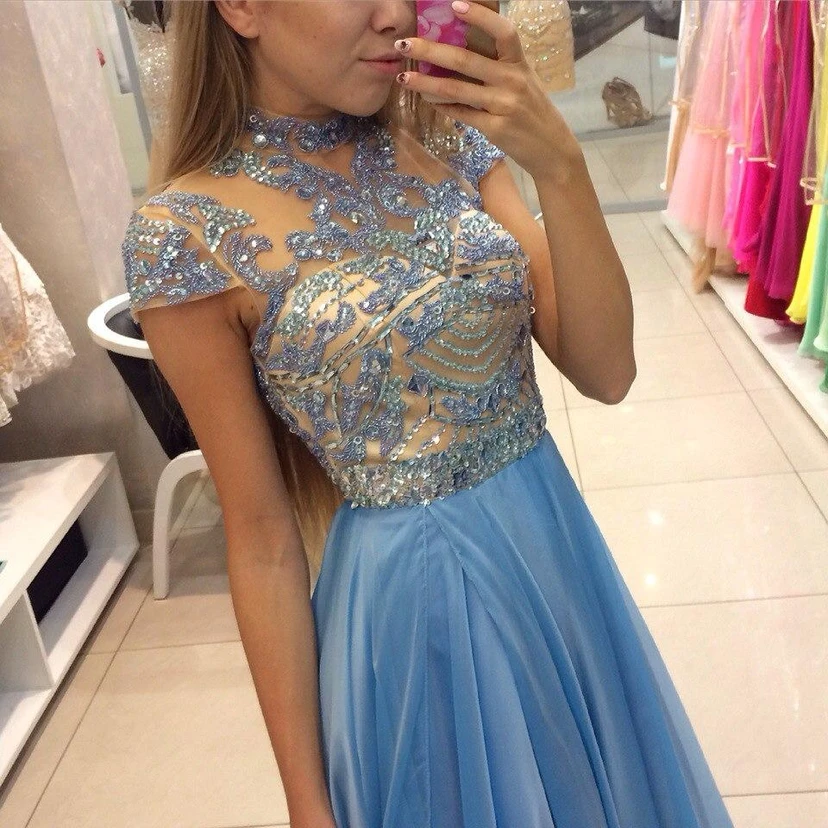 Delicate Beadings Chiffon A-line Prom Dress Cap Sleeve Sweep Train view 2