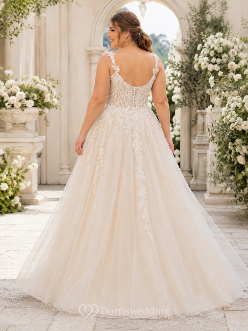 Robe de mariée en tulle à col en V avec application de dentelle et d'appliques, style bal view 2