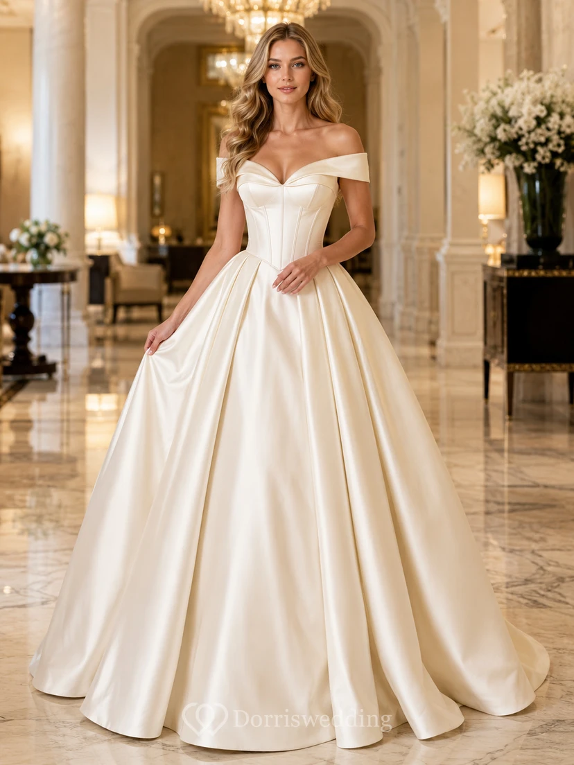Lujoso vestido de gala de satén plisado color marfil con escote corazón, hombros descubiertos y cola larga.
