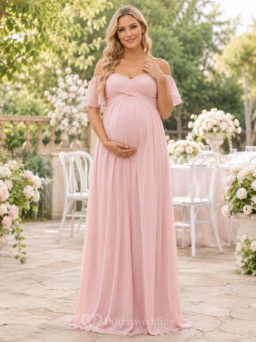Vestido de baby shower largo hasta el suelo de gasa con hombros descubiertos, color rosa rubor, para el tercer trimestre de maternidad.