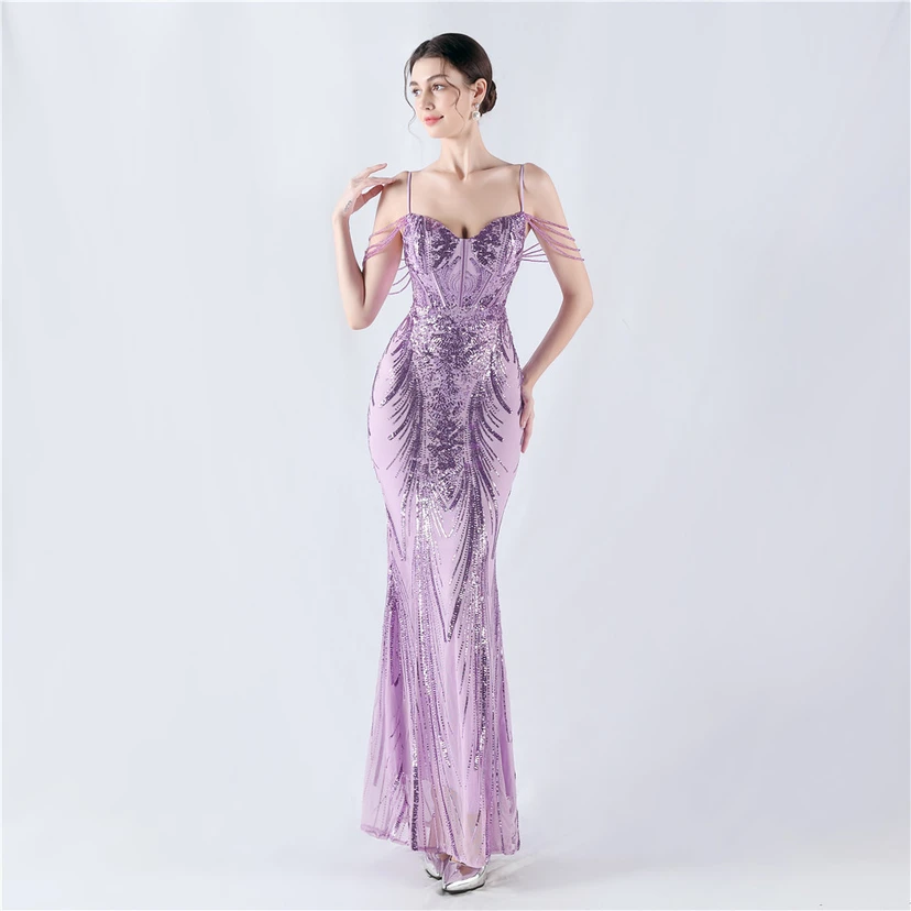 Waist-Reduced Fishbone Shaping Positioning Flower Sequined Anchor Sexy Beaded Suspender Evening Dress view 51