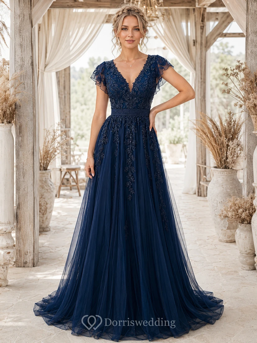 Dunkelblaues, formelles Boho-Spitzenkleid mit V-Ausschnitt, kurzen Ärmeln und Garten