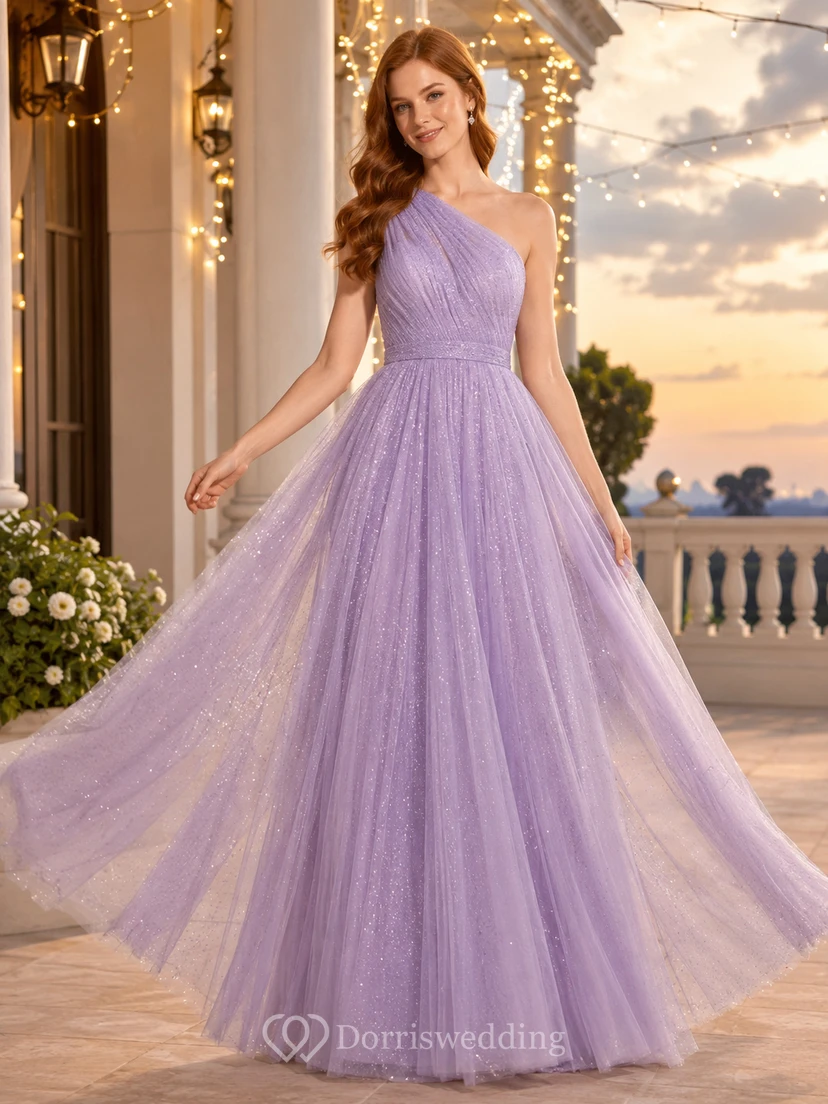 Lavendelfarbenes, schulterfreies, glitzerndes Tüll-Abendkleid in A-Linie