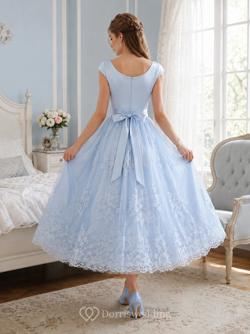 Vestido vintage sin mangas de largo midi con escote cuadrado de tul azul cielo view 2