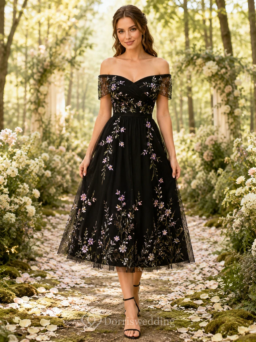 Vestido midi negro de tul bordado floral con hombros descubiertos para invitadas