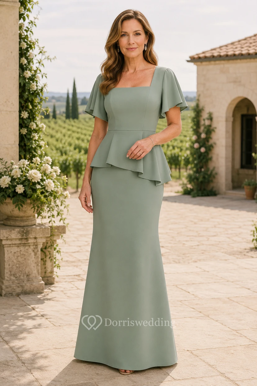 Salbeigrünes Meerjungfrauen-Kleid mit eckigem Ausschnitt aus Stretch-Satin