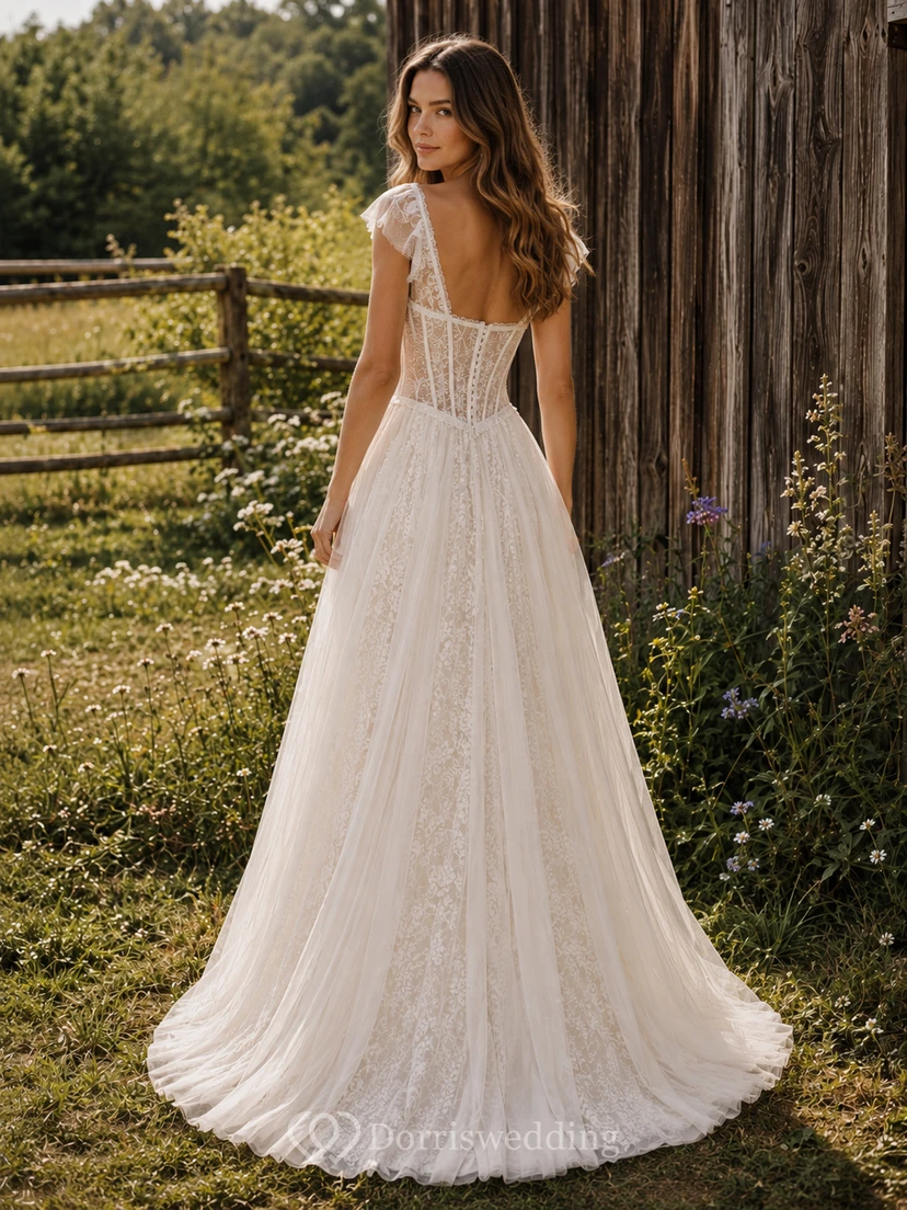 Vestido de novia campestre con corsé de encaje y mangas cortas, cintura baja y estilo corpiño. view 2
