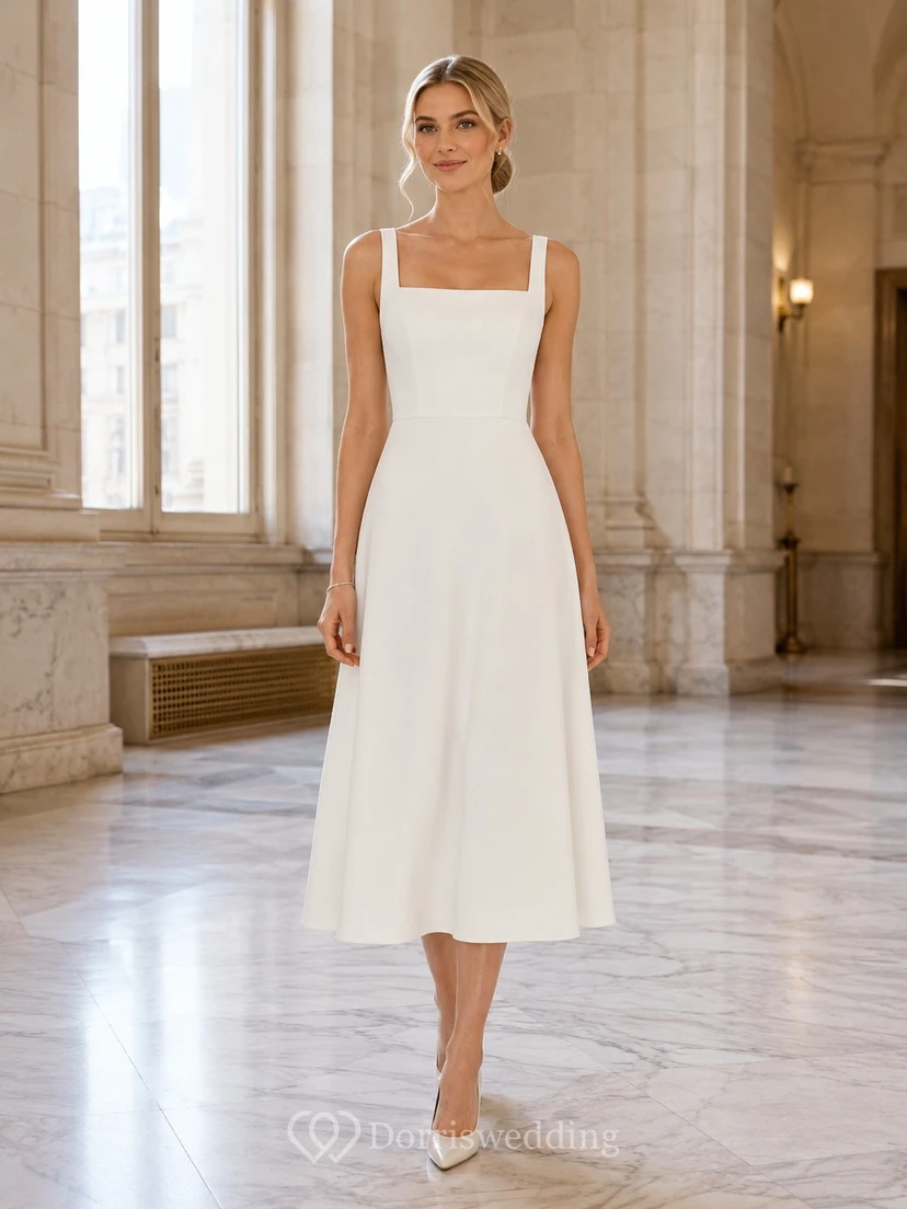 Vestido de novia sencillo, formal, sin mangas, de corte A, largo hasta la rodilla, escote cuadrado, para juzgado civil.