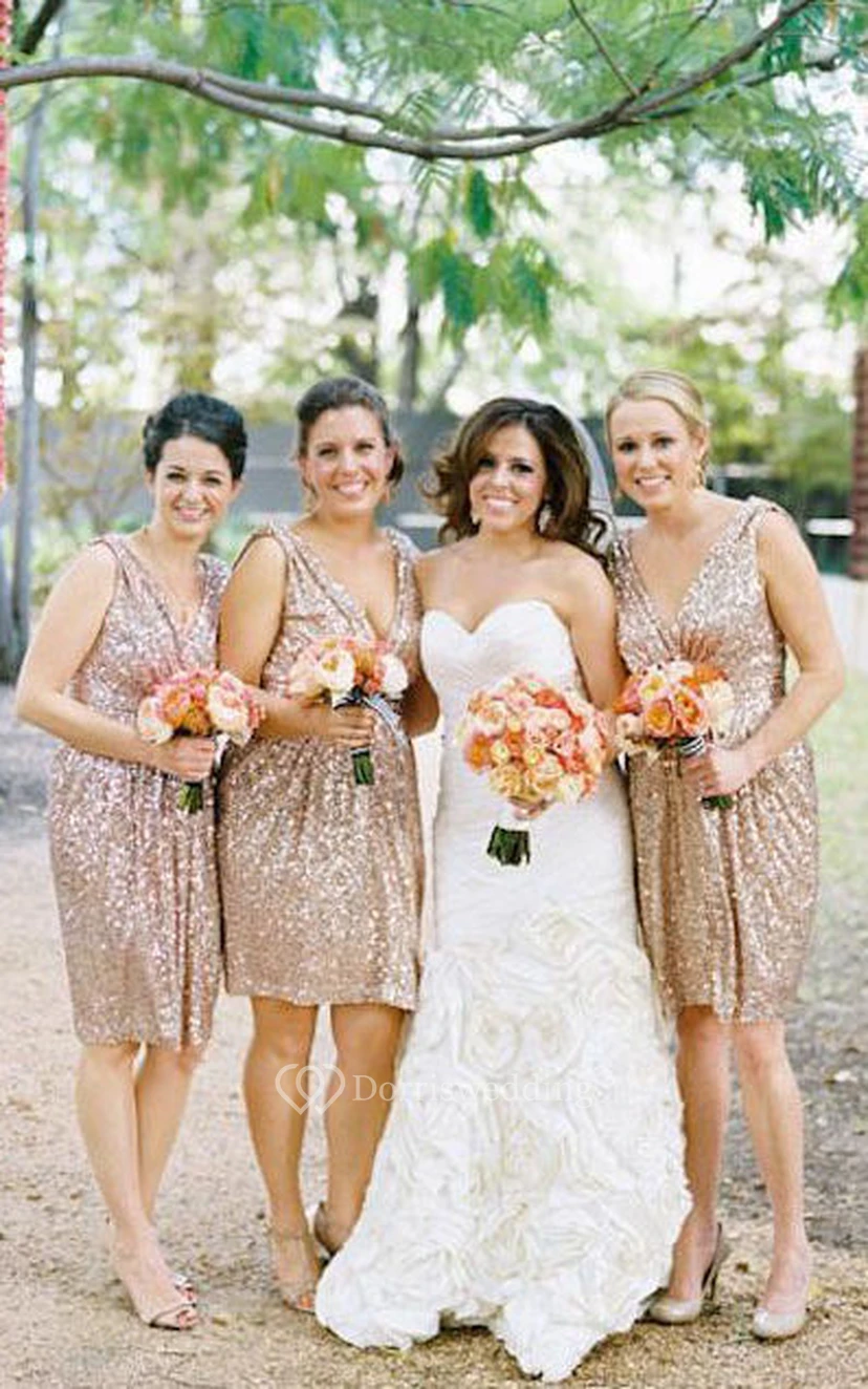 Sheath Mini V-neck Bell Draping Pleats Sequins Dress view 2
