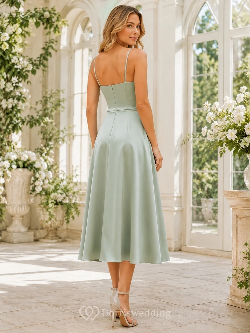 Tea-length A-Line Spaghetti Celadon Satin Bridesmaid Guest Dress view 2