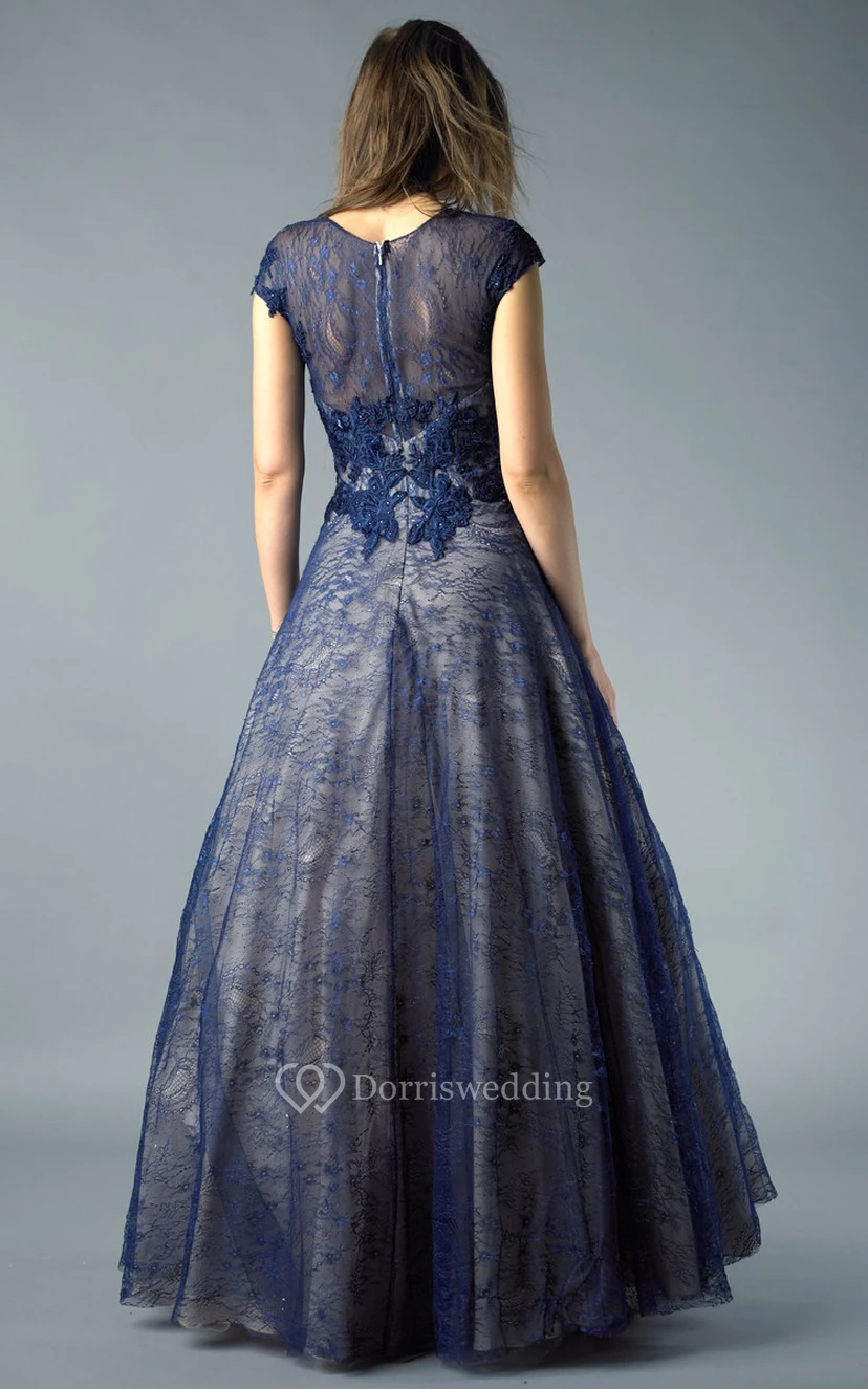 A-line Floor-length High Neck Short Sleeve Lace Illusion Dress view 2