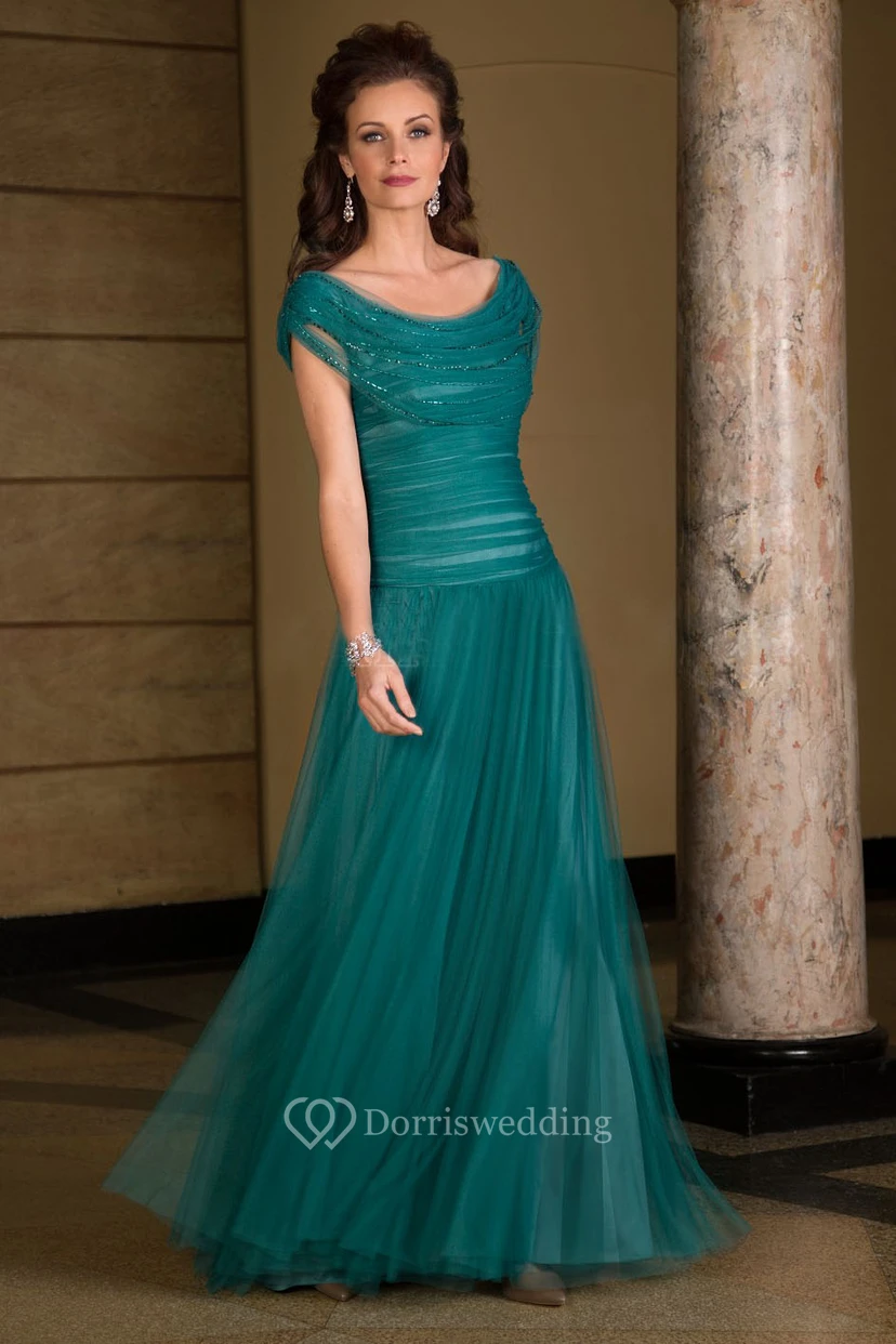 Cap-Sleeved Long Tulle Mother Of The Bride Dress With Ruches And Beadings
