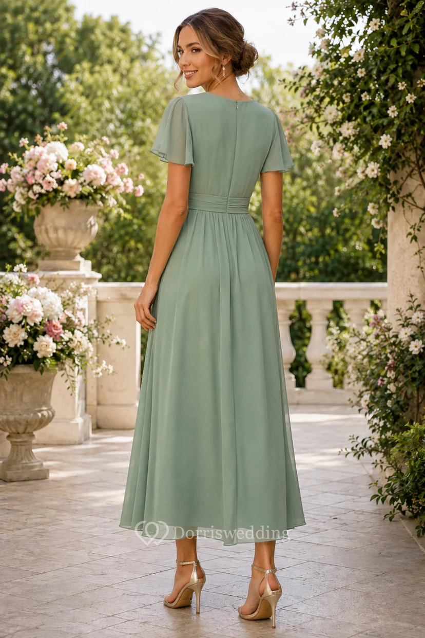 Salbeigrünes Chiffonkleid mit kurzen Ärmeln und Teelänge in A-Linie view 2