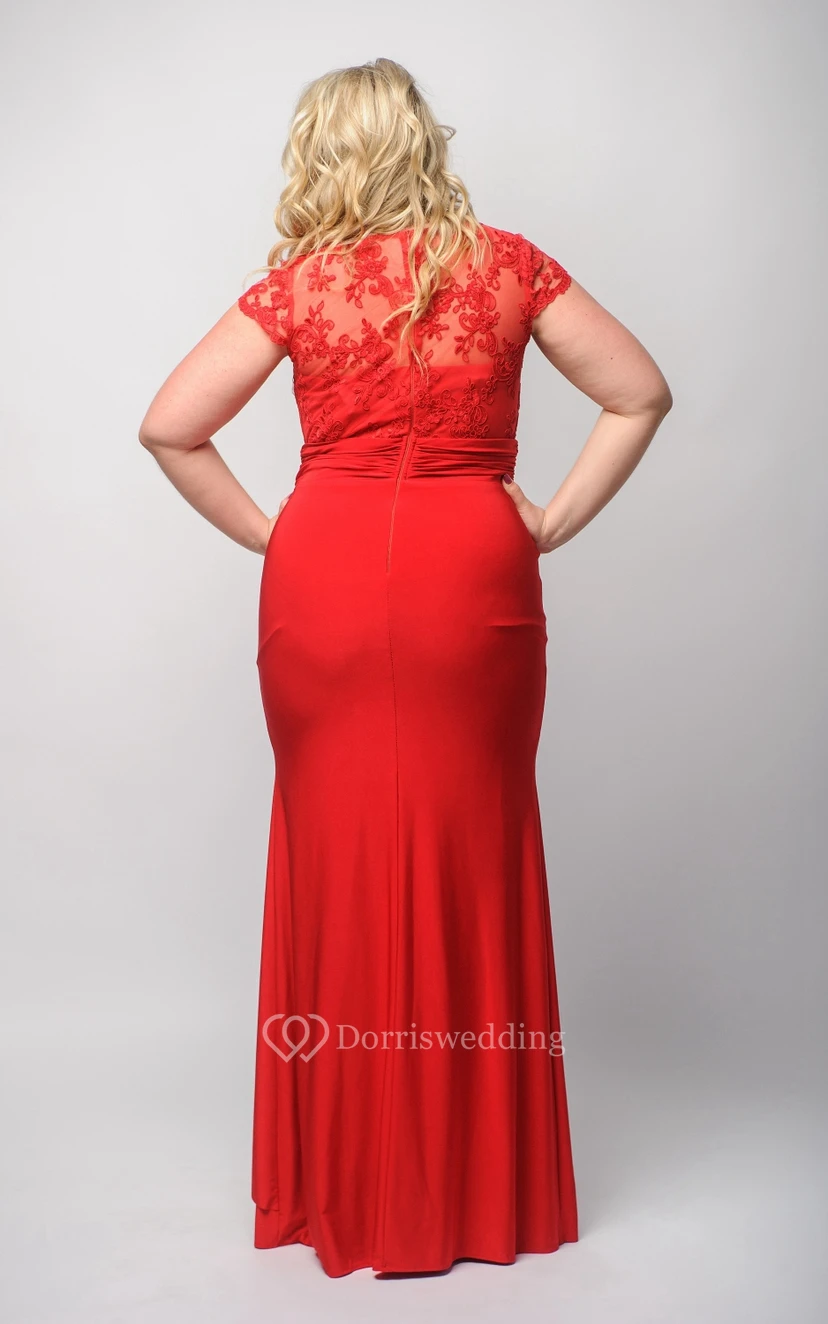 Sheath Floor-Length Jewel Short Sleeve Jersey Pleats Appliques Zipper Dress view 2