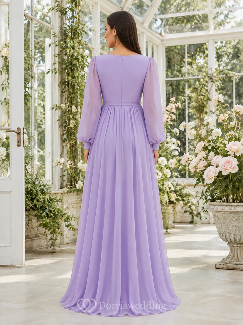 Lavendelfarbenes Chiffon-Umstandsbrautjungfernkleid mit V-Ausschnitt, Poetenärmeln und romantischem Garten-Stil view 2