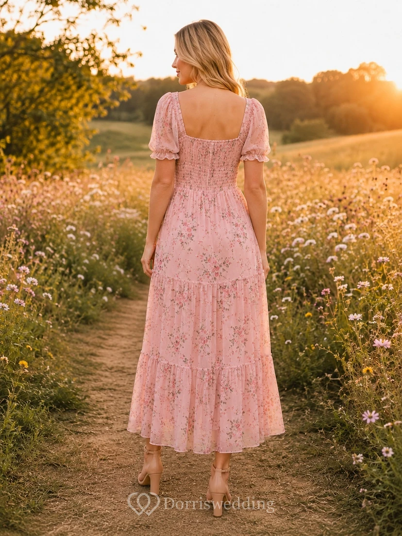 Perlmuttrosa, geblümtes Chiffonkleid mit eckigem Ausschnitt, Puffärmeln und A-Linien-Schnitt, knöchellang view 2