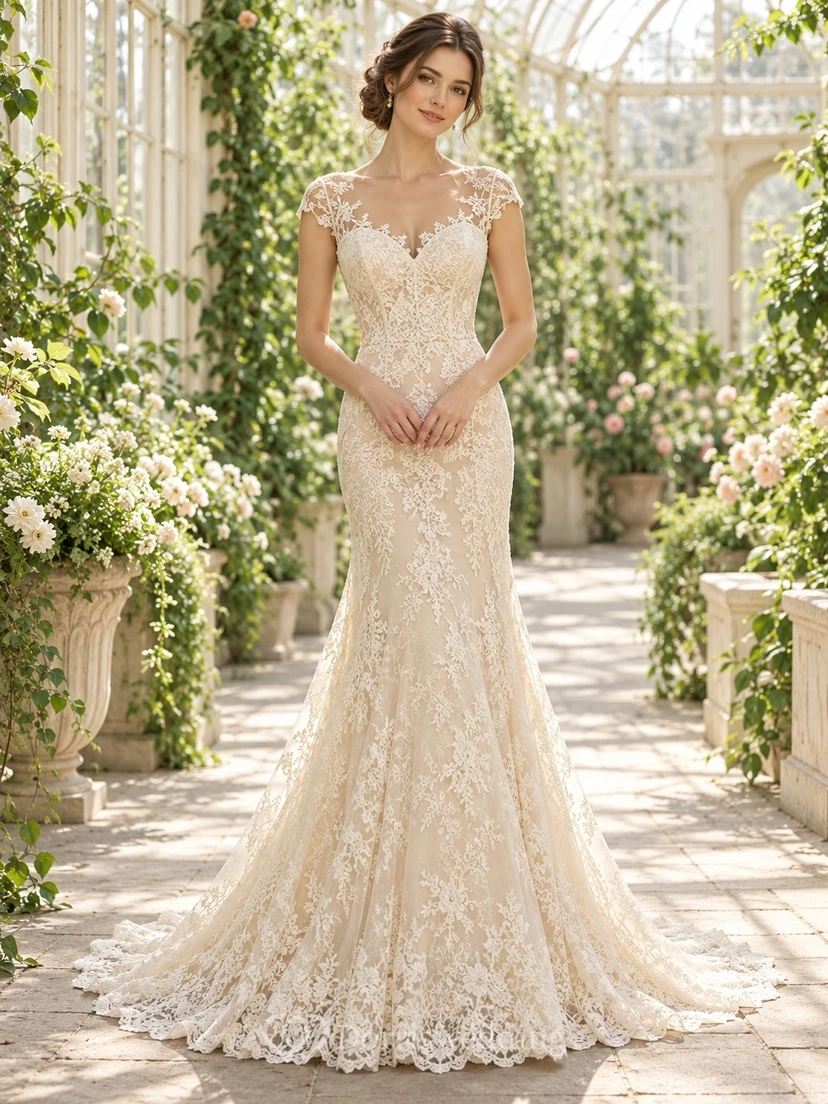 Vintage Mermaid Sweetheart Illusion Cap Sleeve Lace Train Wedding Dress